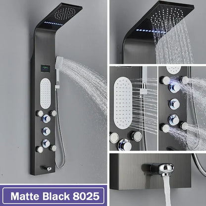 Matte black decorbites black led shower panel with multiple spray heads chrome knobs and black led waterfall feature