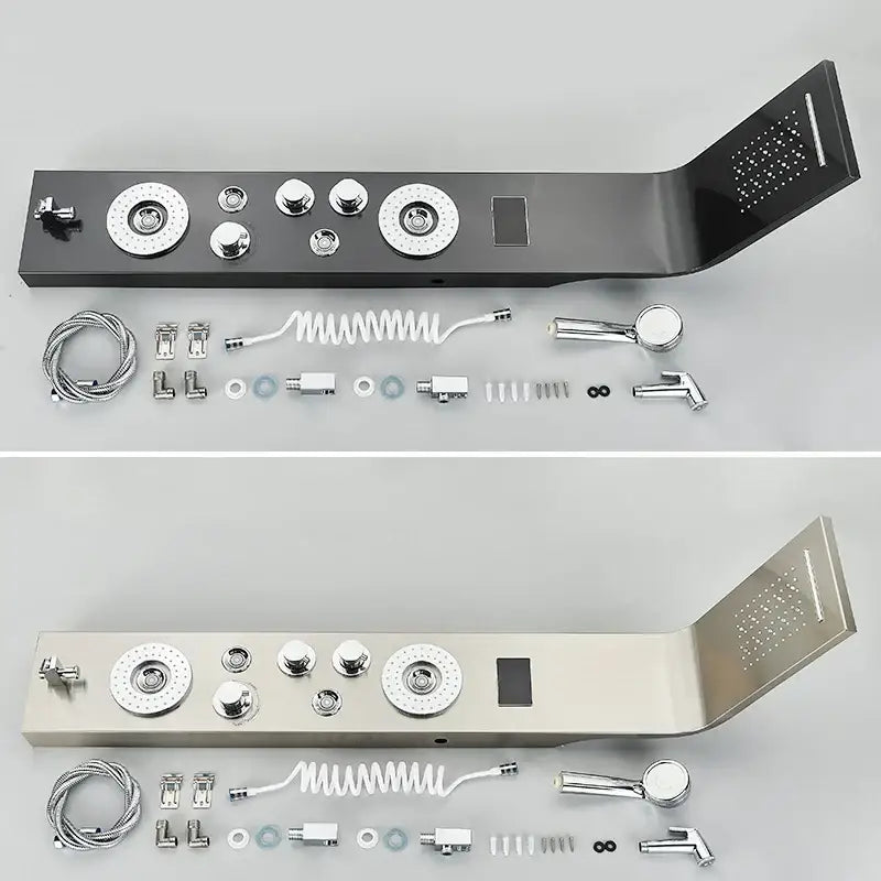 Modern black led waterfall shower panel by decorbites featuring chrome finish multiple spray heads and digital display
