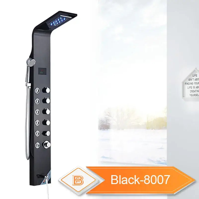 Decorbites black led waterfall rain shower panel with sleek black design, multiple controls, handheld spray nozzle, and massage sprayer