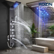 DecorBites black led waterfall shower panel in black with multiple spray settings and blue led lighting