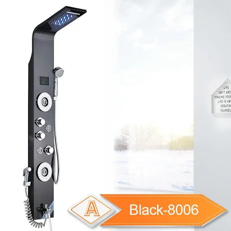 Decorbites black led waterfall shower panel with black 8006 rain shower head and massage sprayer bidet tap