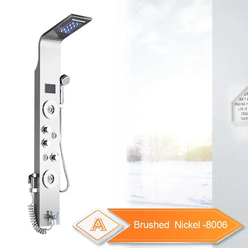 Brushed nickel shower panel with rectangular rainhead multiple controls and handheld shower in decorbites black led waterfall design