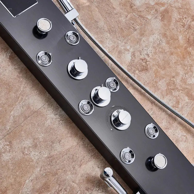 Decorbites black led waterfall shower panel with black chrome finish multiple control knobs and flexible hose