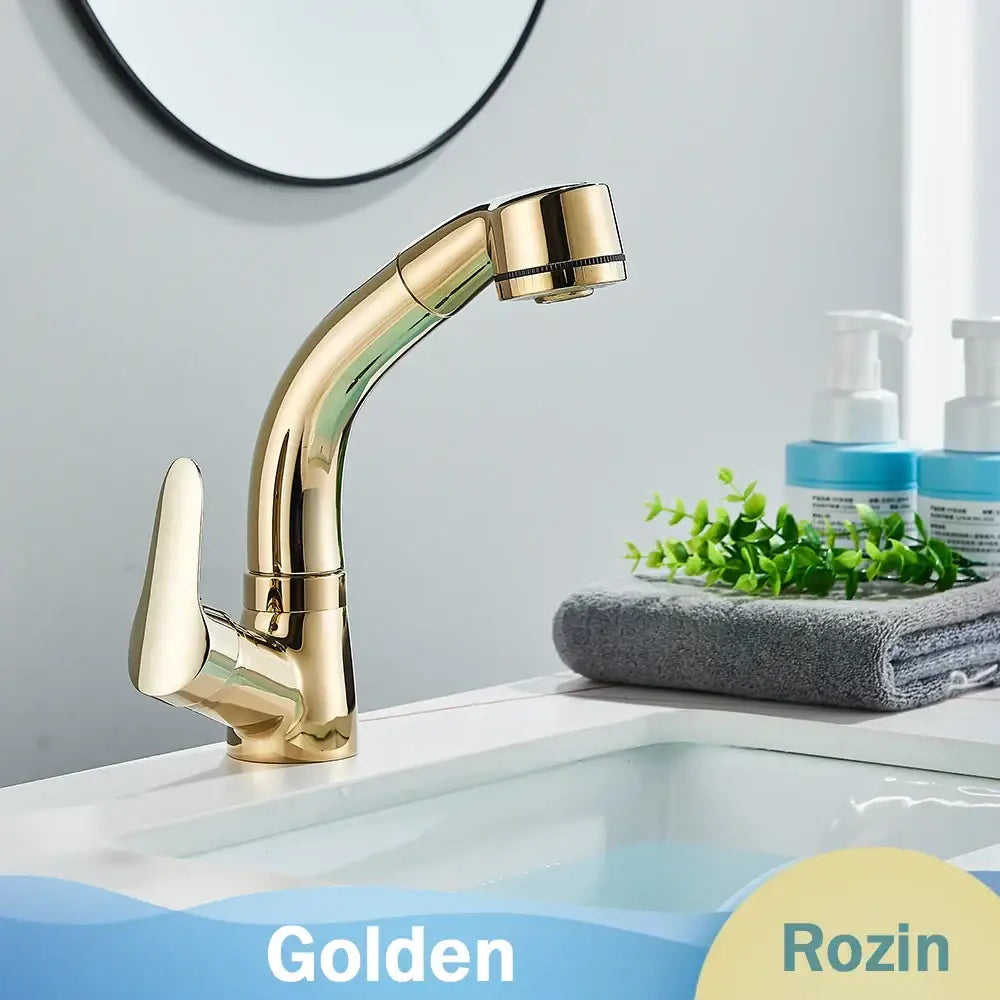 Golden single-handle basin faucet with sleek curved spout and polished finish for decorbites black lift basin use
