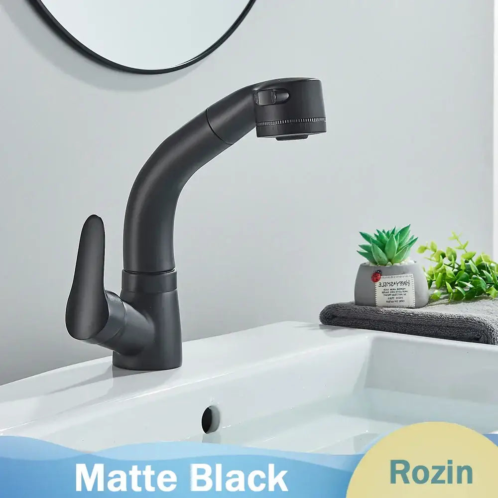 Matte black decorbites black lift basin faucet with pull out sprayer and dual nozzle for bathroom sink
