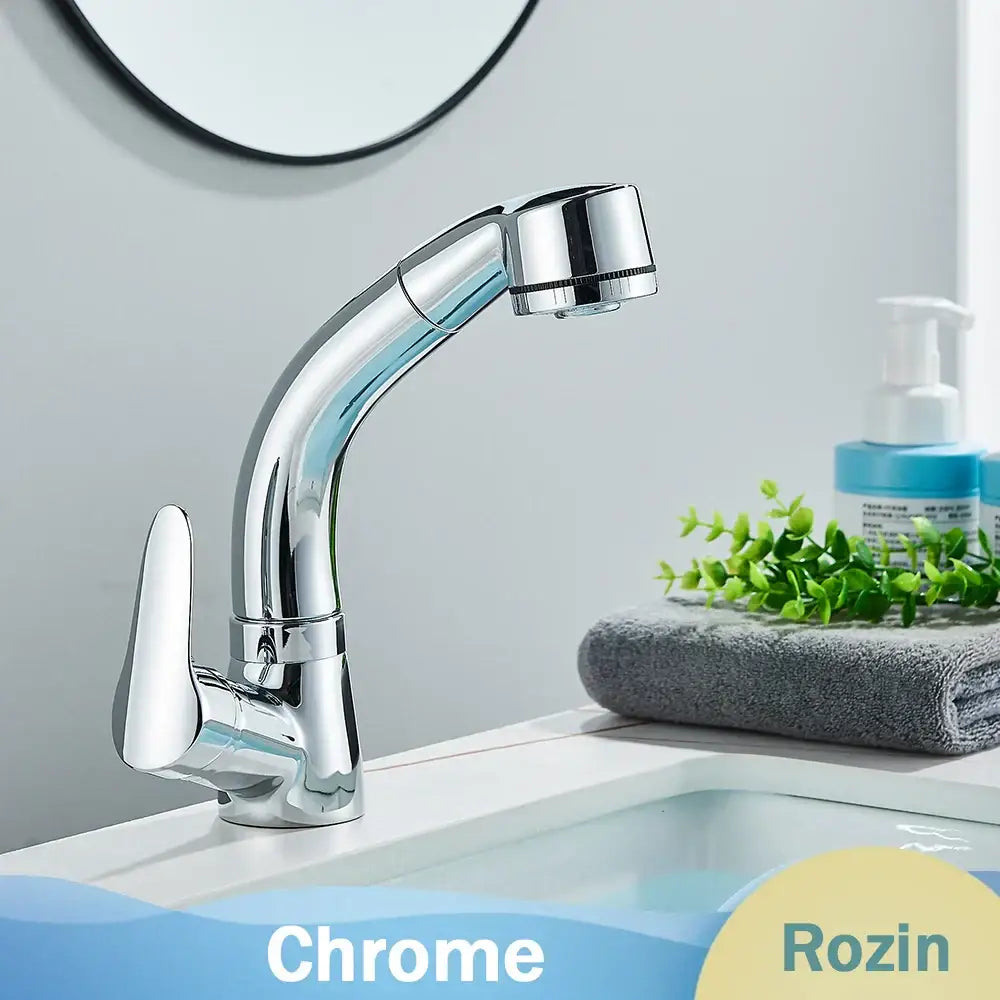 Chrome-finished decorbites black lift basin faucet with sleek curved spout and pull-down spray head for bathroom sink