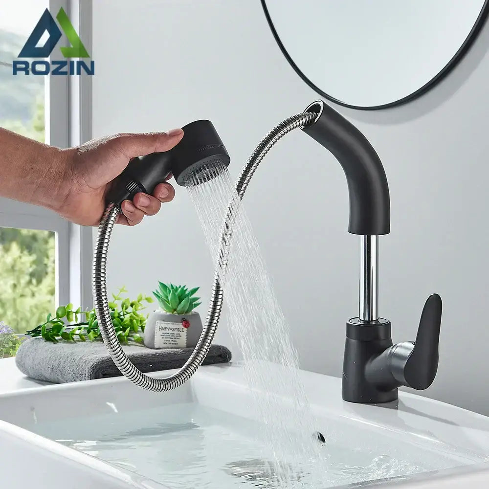Black matte finish decorbites black lift basin faucet with flexible chrome hose and pull out sprayer for bathroom sink