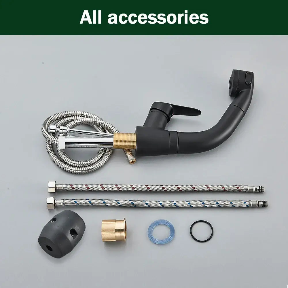Decorbites black lift basin faucet with black matte sprayer chrome brass accents and flexible braided hose for bathroom sink