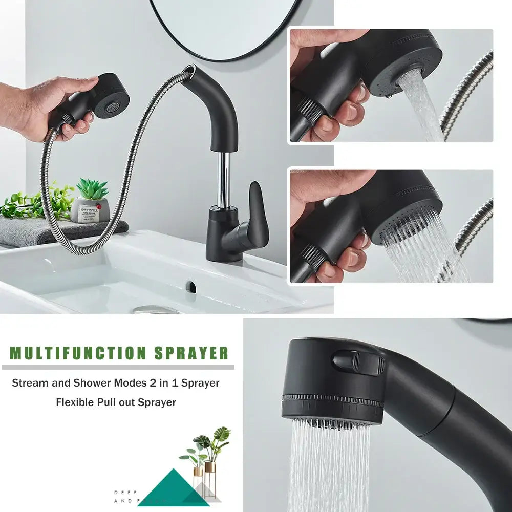 Decorbites black lift basin faucet with black matte finish multifunction sprayer and dual nozzle for bathroom sink