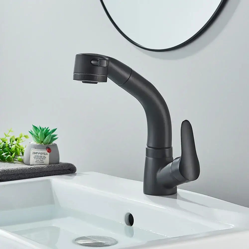 Decorbites black lift basin faucet with pull out sprayer in black matte finish for modern bathroom sink use