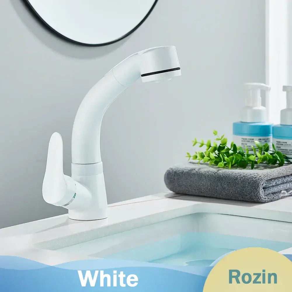 White rozin basin faucet with sleek modern design and curved spout featured in decorbites black lift basin series