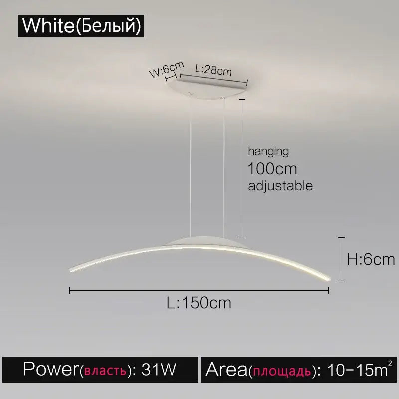 White modern led ceiling light with sleek curved design and adjustable length from decorbites black line chandelier collection