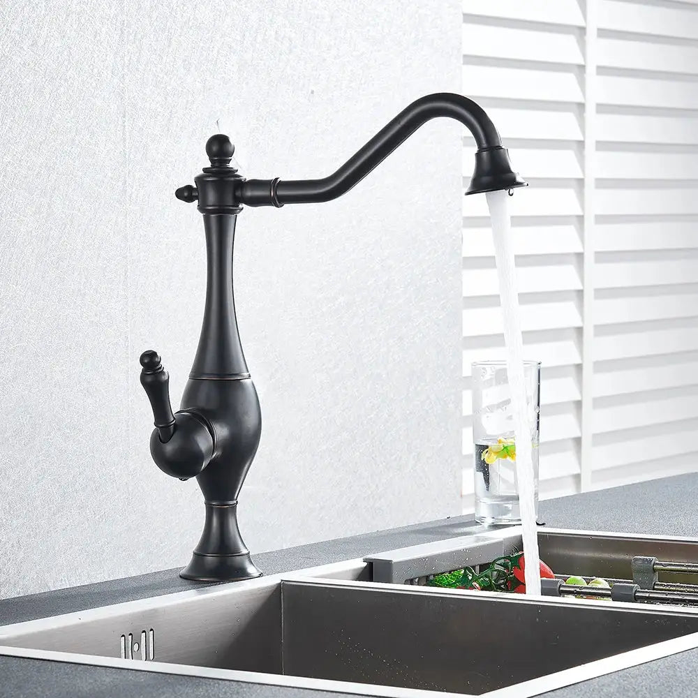 Black long neck decorbites black long matte kitchen faucet with curved spout and ornate handle deck mounted mixer tap