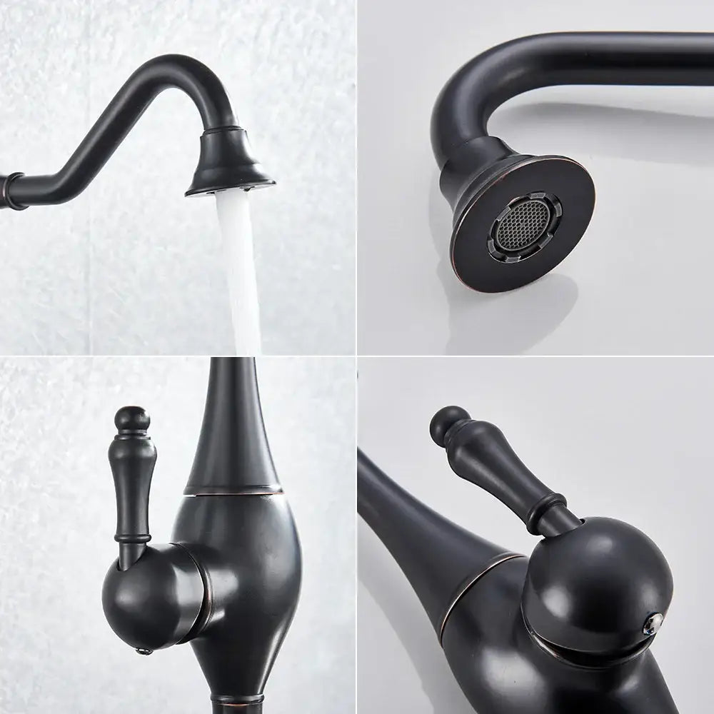 Decorbites black long neck kitchen faucet with matte black finish curved spout and ornate handle deck mounted mixer tap