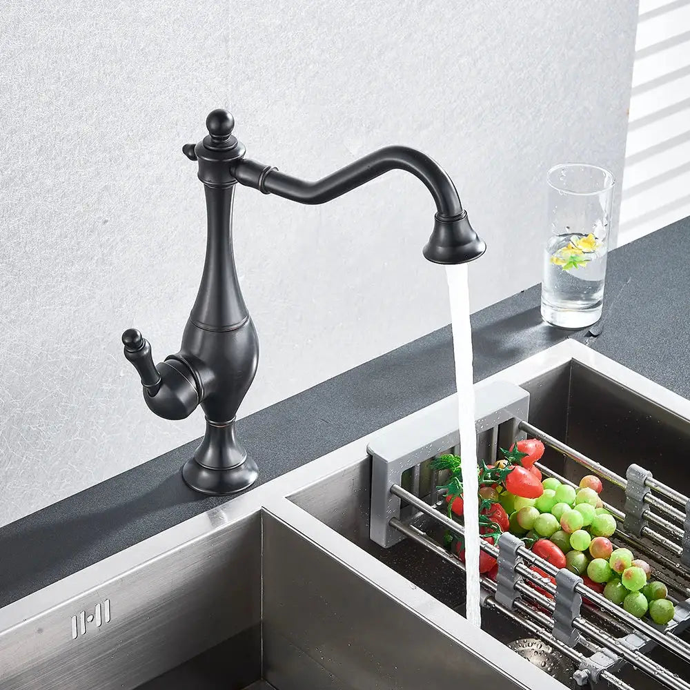 Decorbites black long neck kitchen faucet with black matte finish curved spout and ornate handle deck mounted mixer tap