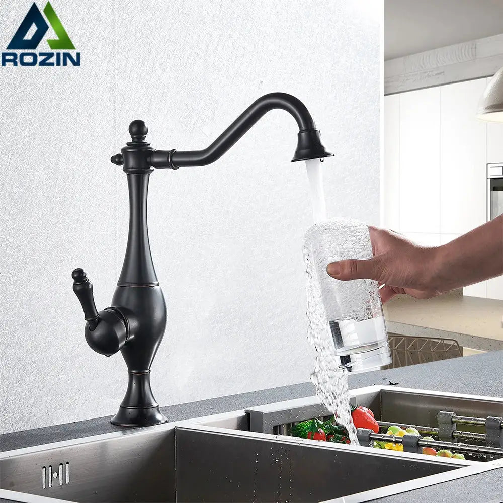 Decorbites black long neck kitchen faucet with black matte finish curved spout and separate handle deck mounted mixer tap
