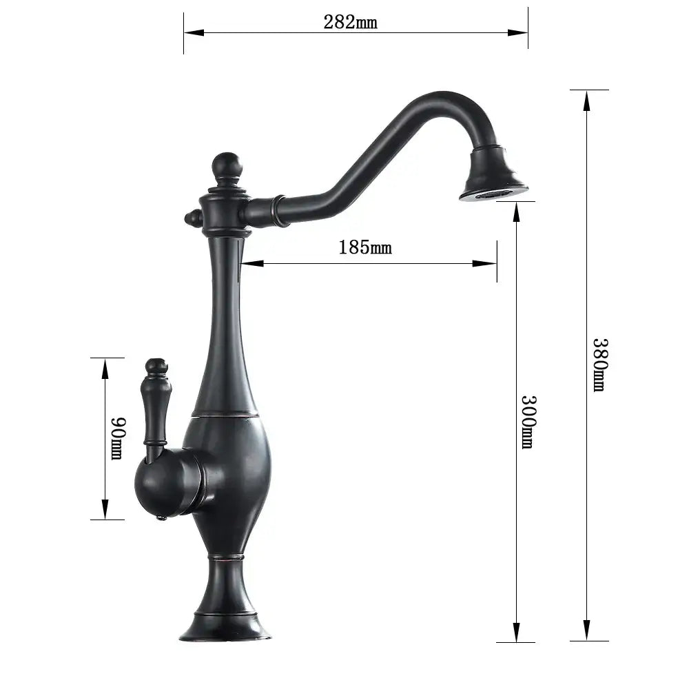 DecorBites black long neck kitchen faucet with matte black finish curved spout and ornate handle design deck mounted mixer tap