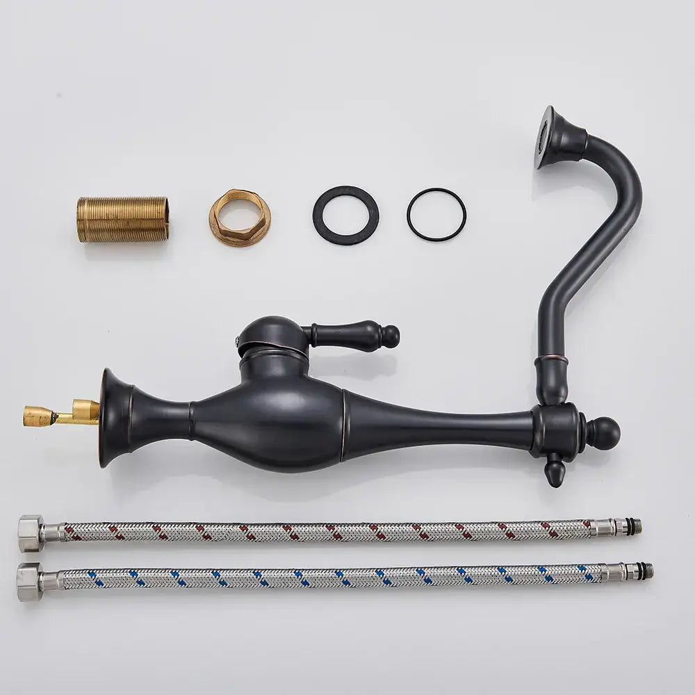 Decorbites black long neck kitchen faucet with brass accents black matte finish and rotating spout deck mounted tap