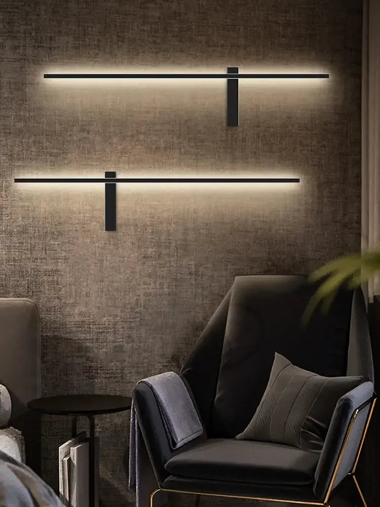 Modern minimalist decorbites black long strip wall lamp with sleek black led horizontal bars and vertical brackets for wall lighting
