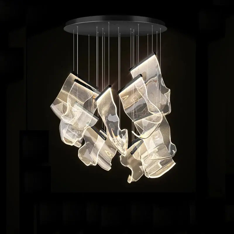 Modern chandelier with translucent flowing mesh panels and black base in decorbites black love chandelier lighting