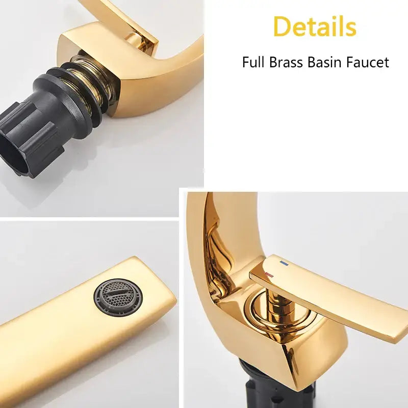 DecorBites black luxury brass basin faucet mixer tap with gold finish and black plastic accents in sleek modern design