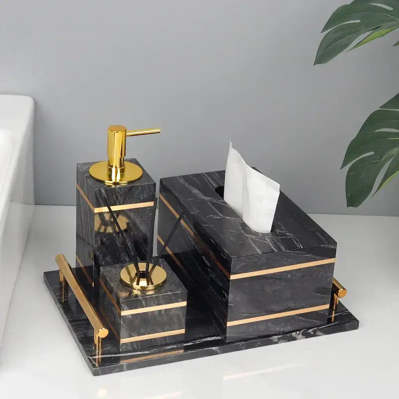 Decorbites black marble bathroom accessories set with gold-tone accents and matching tray for elegant organization