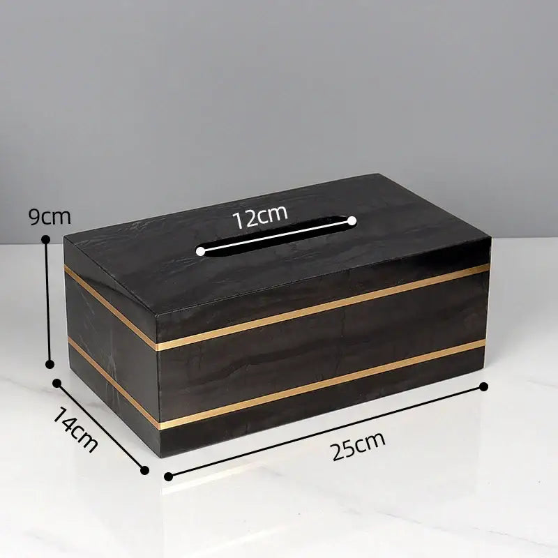 Decorbites black marble tissue box with gold metallic stripes featuring a sleek modern design for marble bathroom accessories