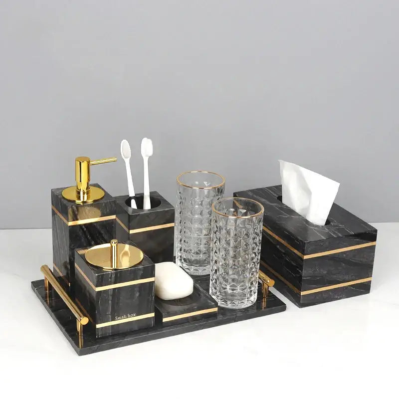 Elegant decorbites black marble bathroom accessories set with gold accents includes soap dispenser toothbrush holder tumblers and tissue box