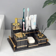 Decorbites black marble bathroom organizer with gold accents and multiple compartments for bathroom essentials