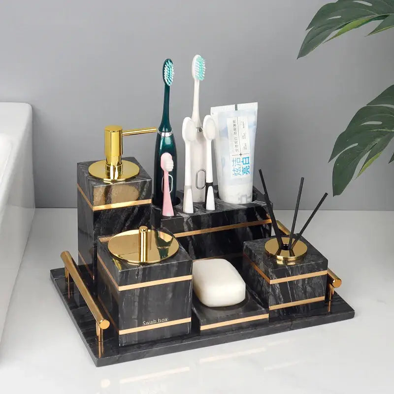 Decorbites black marble bathroom organizer with gold accents and multiple compartments for bathroom essentials