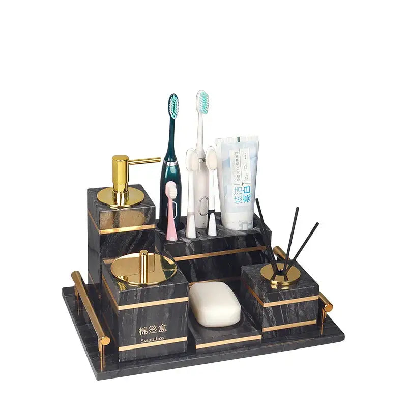 Decorbites black marble bathroom accessories set with gold accents multiple compartments holding toiletries