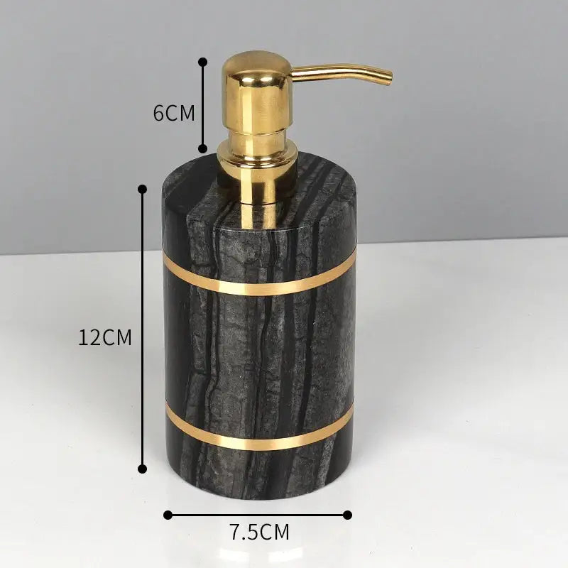 Decorbites black marble soap dispenser with gold-tone pump and accent bands for black marble bathroom accessories set