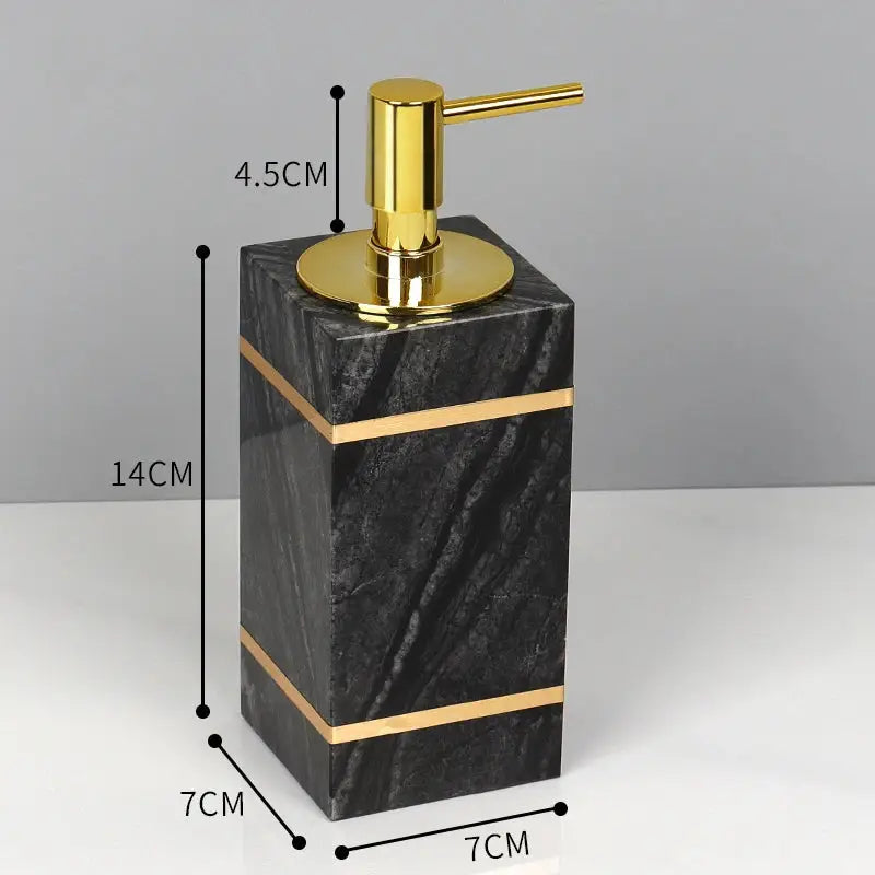 Decorbites black marble soap dispenser with gold-tone pump and accent stripes for marble bathroom accessories set