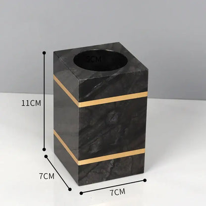 DecorBites black marble tissue box with gold accent stripes in black marble bathroom accessories set