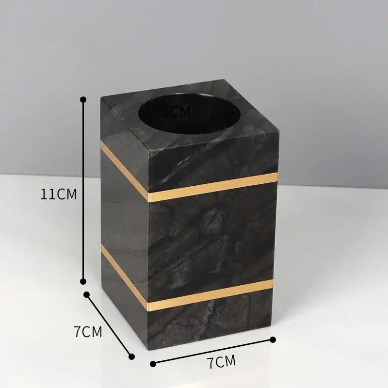 DecorBites black marble tissue box with gold accent stripes in black marble bathroom accessories set