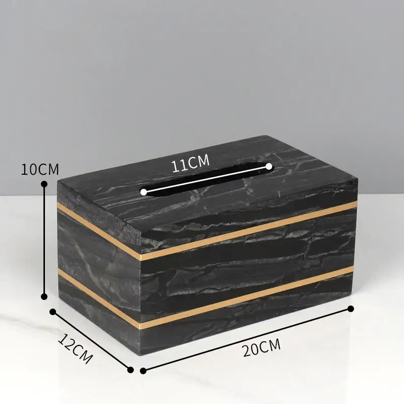 Decorbites black marble tissue box in black marble bathroom accessories set with gold horizontal stripes