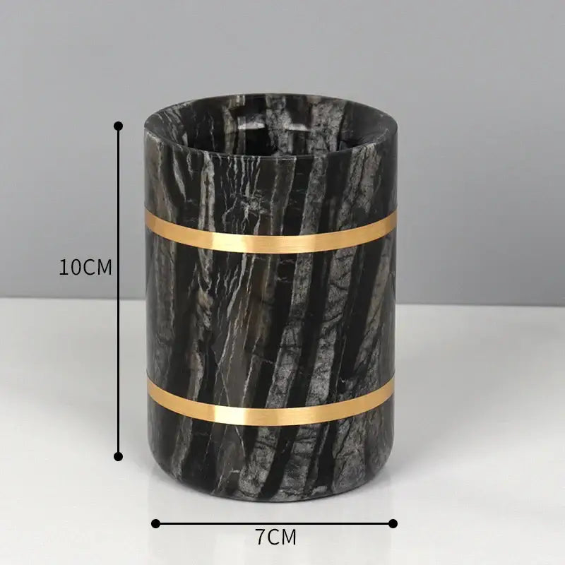 Decorbites black marble toothbrush holder with two gold-toned metallic bands in black marble bathroom accessories set