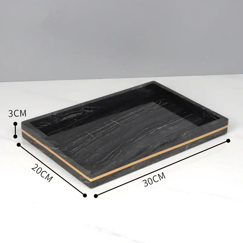 Decorbites black marble serving tray with gold-toned metallic trim for elegant black marble bathroom accessories set