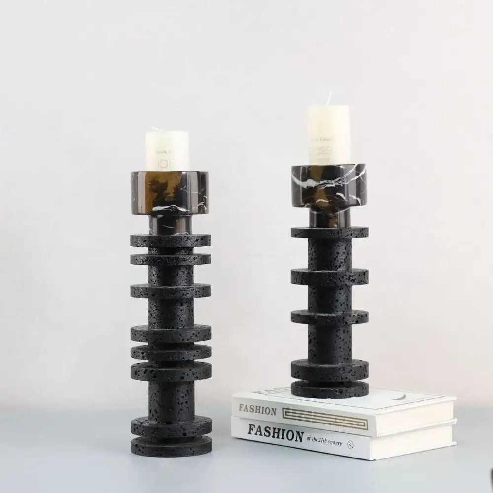 DecorBites black marble candle holder with stacked circular design and dark marble tops for elegant table centerpieces