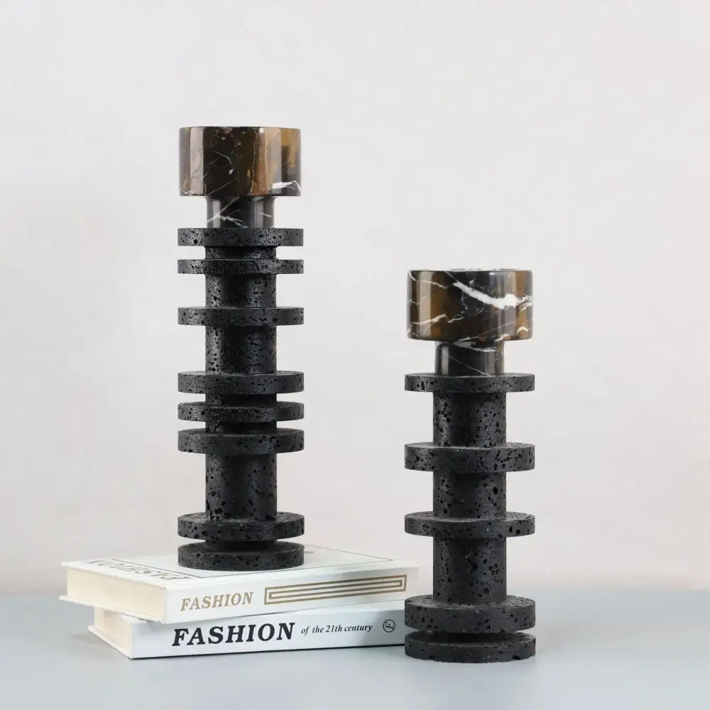 Decorbites black marble candle holder featuring black terrazzo body with polished brown marble top for elegant centerpieces
