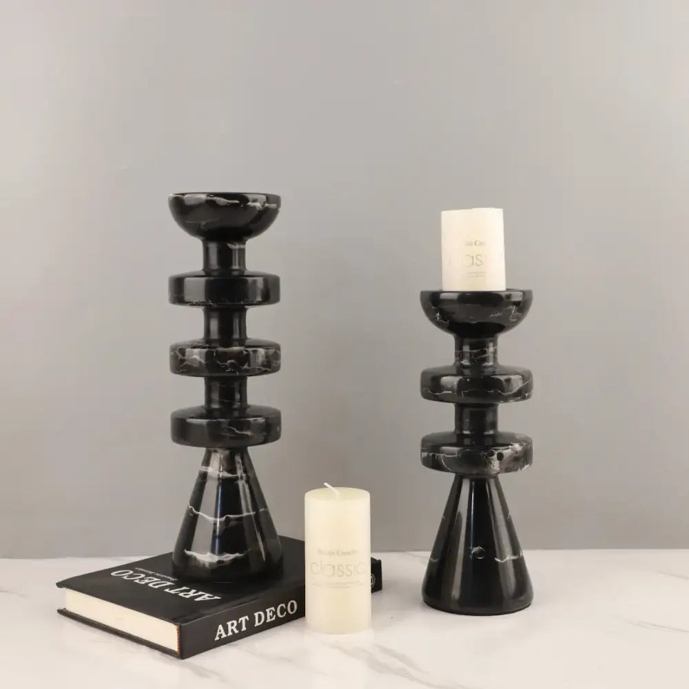 Decorbites™ black marble candle holder with sleek tiered design and white veining in modern yellow stone finish