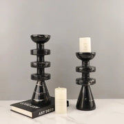 Decorbites™ black marble candle holder with sleek tiered design and white veining in modern yellow stone finish