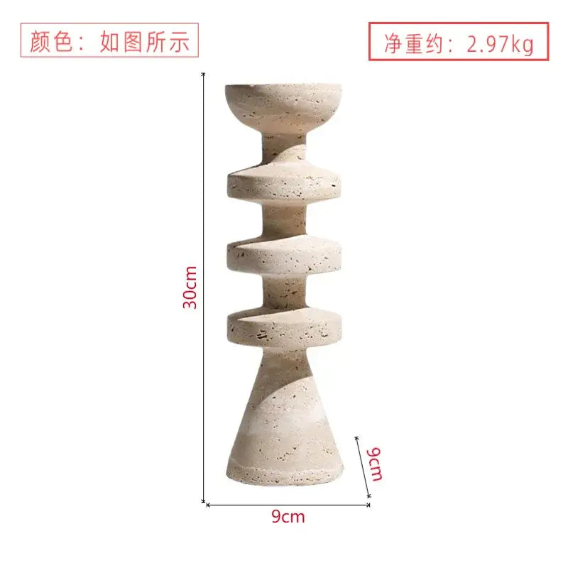 DecorBites™ modern candle holder in beige yellow stone with textured tiered rings for elegant black marble décor