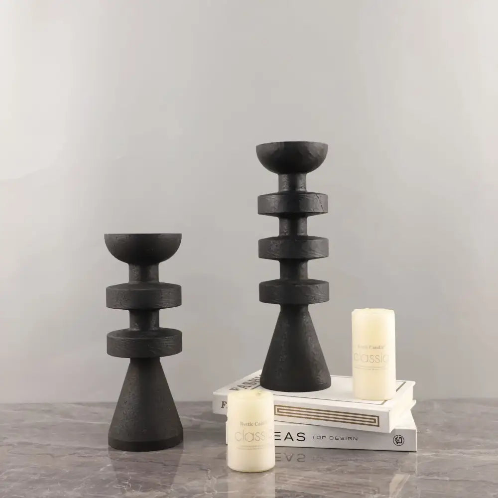 DecorBites™ black marble candle holder with modern yellow stone conical bases and stacked circular rings design