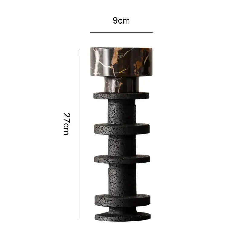 DecorBites black marble pillar candlestick with black lava stone holder and polished marble top with golden veining