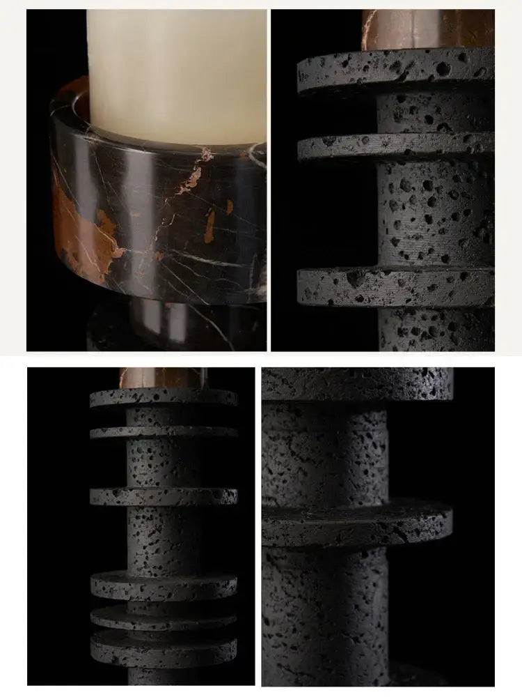 Decorbites black marble pillar candlestick with black speckled volcanic stone and polished dark marble base with gold veining