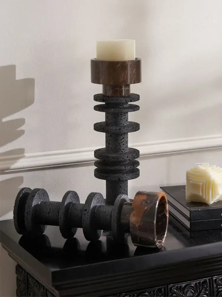 DecorBites black marble pillar candlestick with dark gray terrazzo tiers and polished brown marble top holding off-white candle