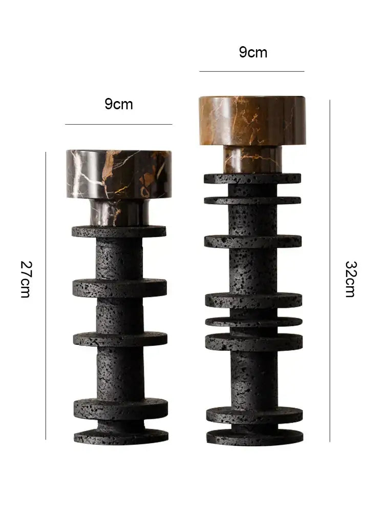 Two black lava stone decorbites black marble pillar candlesticks with marble tops, 27cm and 32cm tall elegant centerpieces