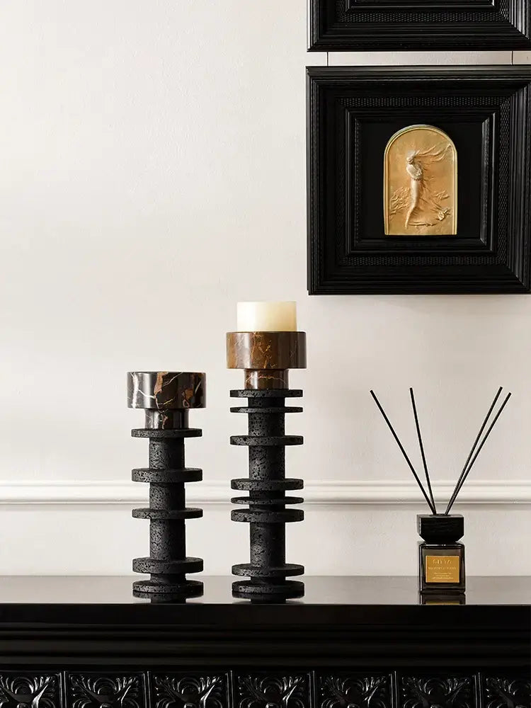 Decorbites black marble pillar candlestick with stacked tiered design and gold toned tops for elegant table centerpieces