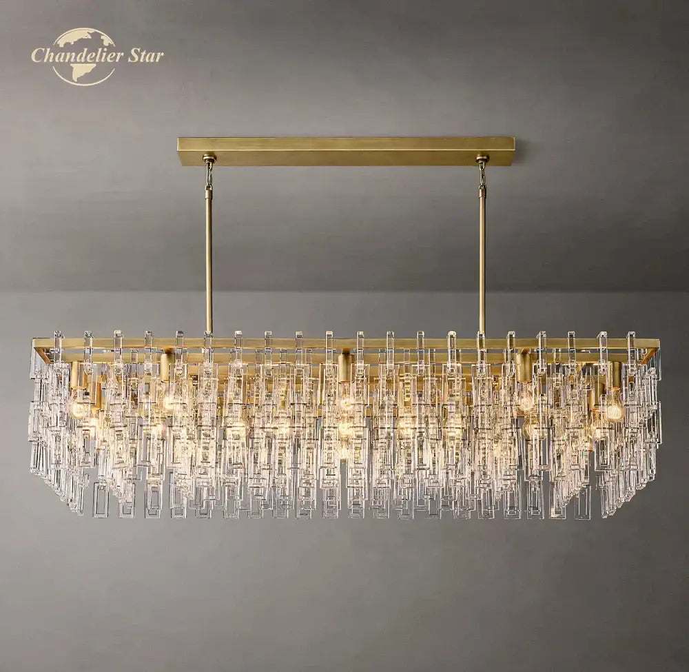 Gold-toned rectangular chandelier with cascading clear crystal prisms from decorbites black marignan for living dining room